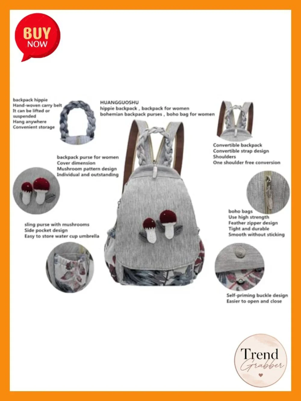 Boho Backpack Purse Embroidered Woven Canvas Mushroom Sling Bag Adjustable Strap